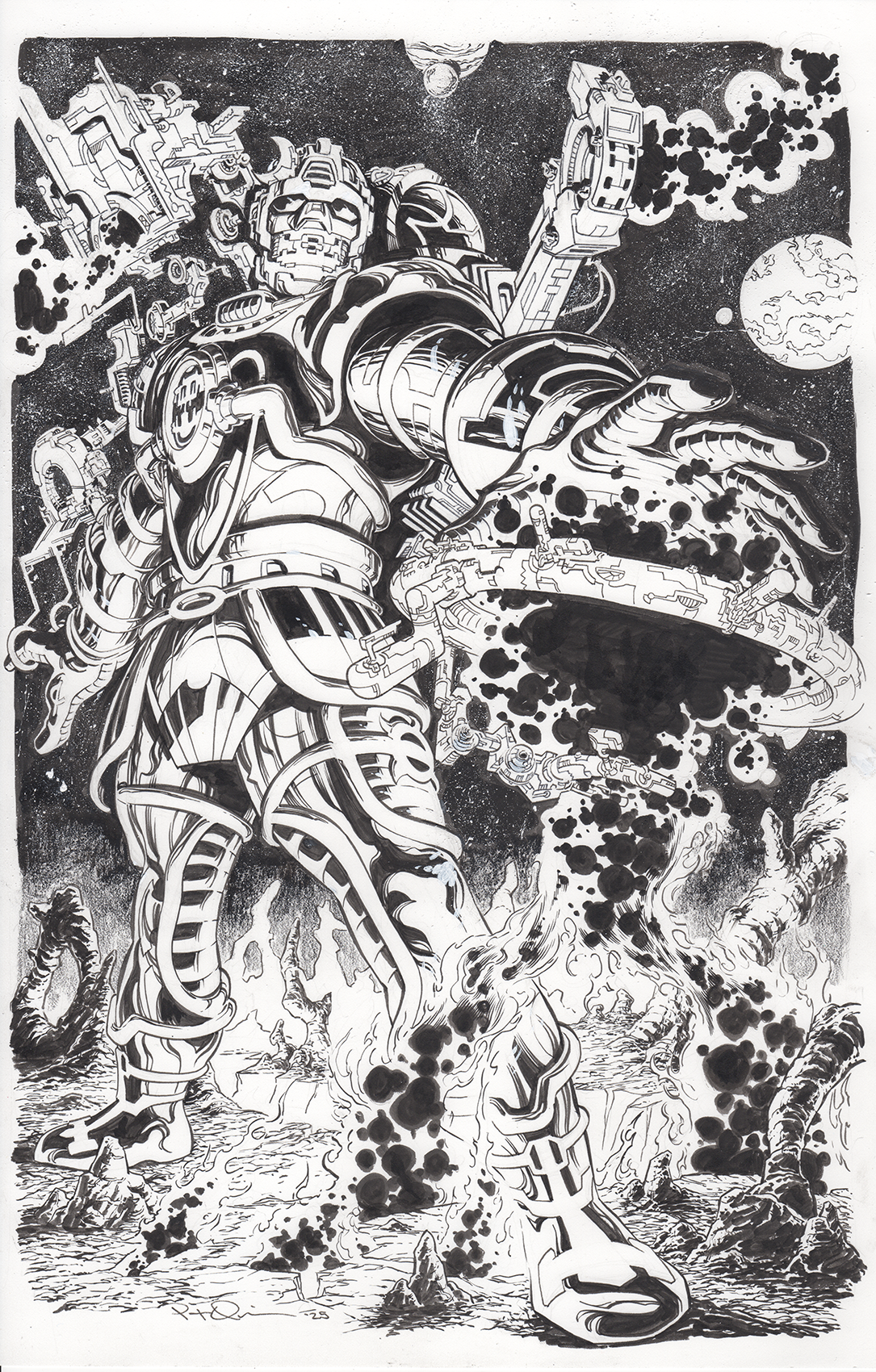 Black and white illustration of a giant robot with intricate mechanical details, standing in a barren landscape with explosions and smoke, planets and stars visible in the background.