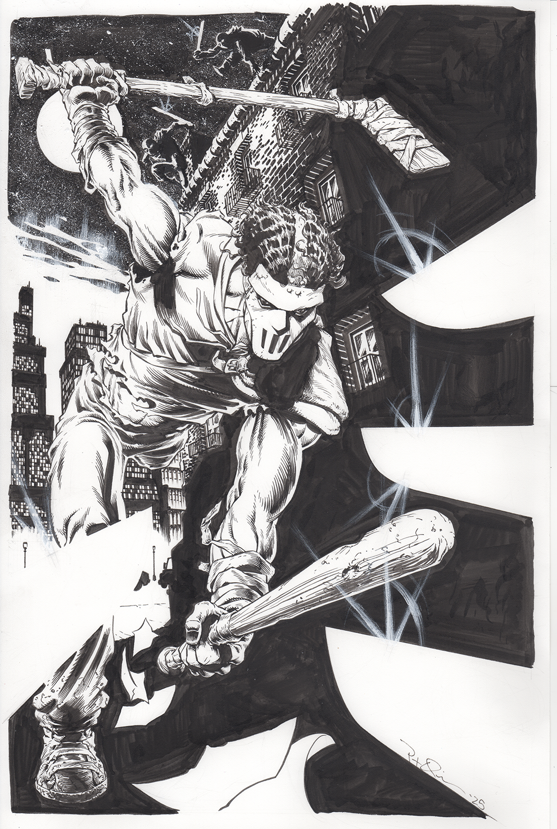 Black and white illustration of a muscular man wielding a baseball bat, crouching in an urban alleyway at night with city buildings in the background. There are figures in the distance on the rooftops and a full moon in the sky.