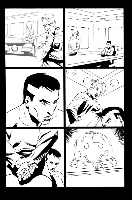 Black and white comic strip with six panels. First panel shows a man with glasses holding a cup of coffee, sitting in a spaceship. Second panel depicts a woman standing and a man sitting at a table in a similar setting. Third panel is a close-up of a