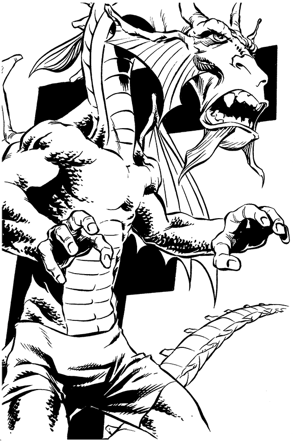 Black and white illustration of a dragon with sharp claws, horns, and scales, roaring with its mouth open and tongue out.