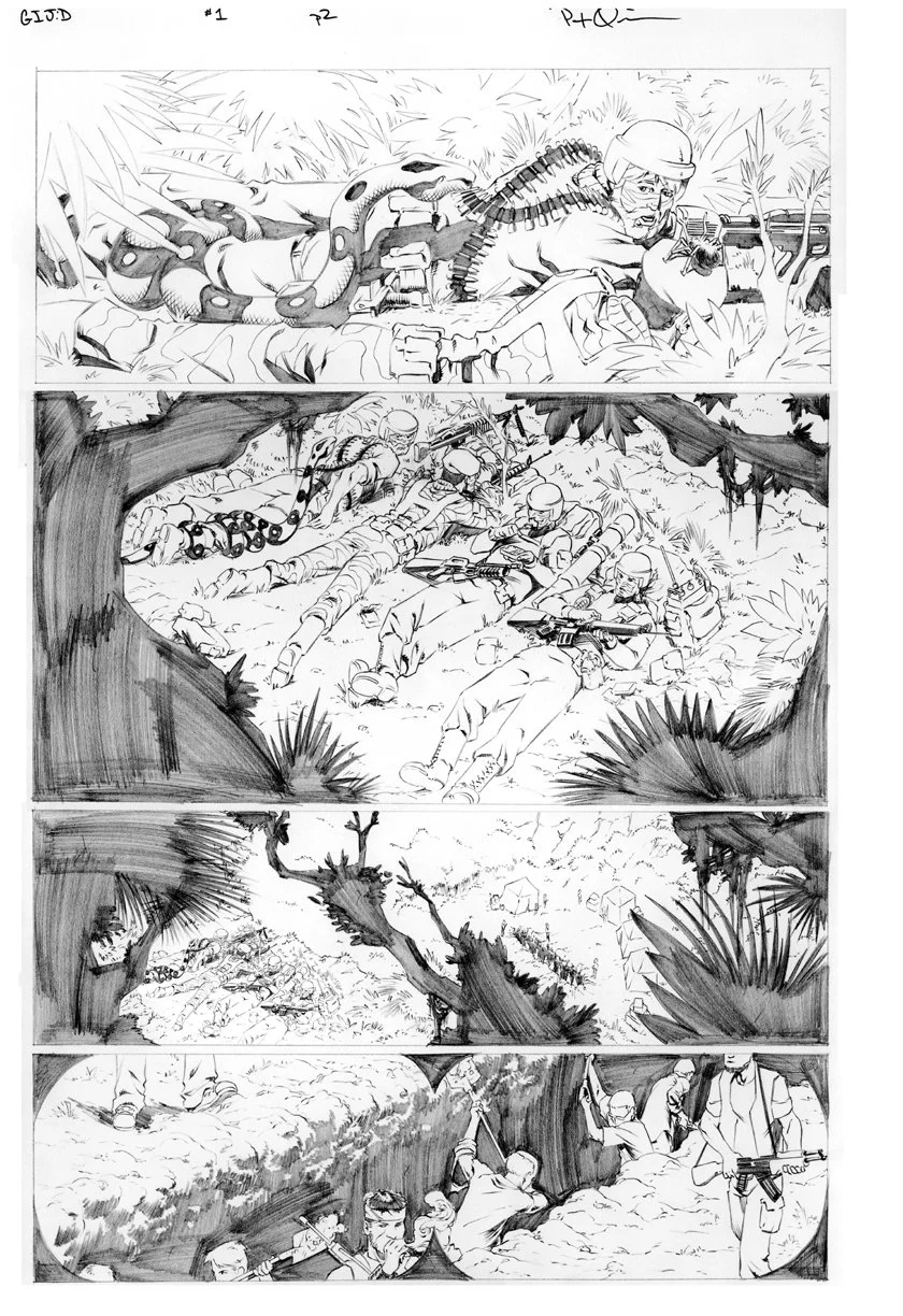 Black and white comic-style illustration depicting soldiers in jungle warfare, some hiding and aiming weapons, with a soldier firing a rifle in the top panel, group of soldiers in combat in the middle and bottom panels surrounded by trees and foliage