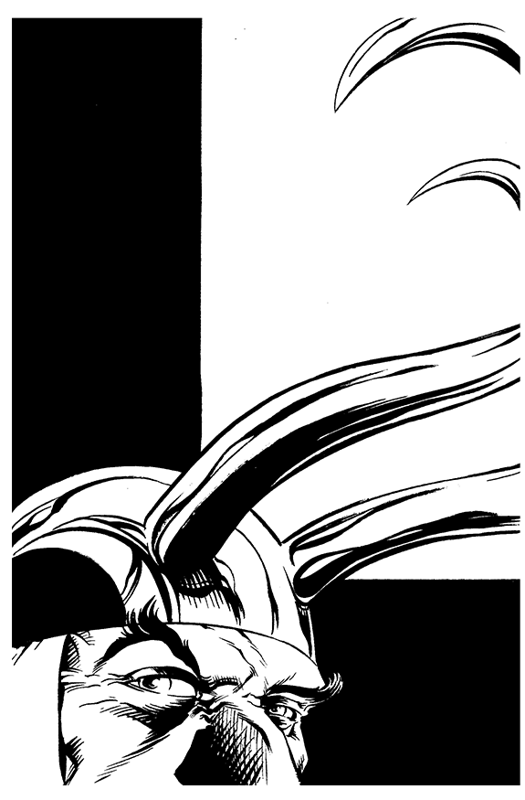 Black and white comic-style illustration of a character with horns and a fierce expression.