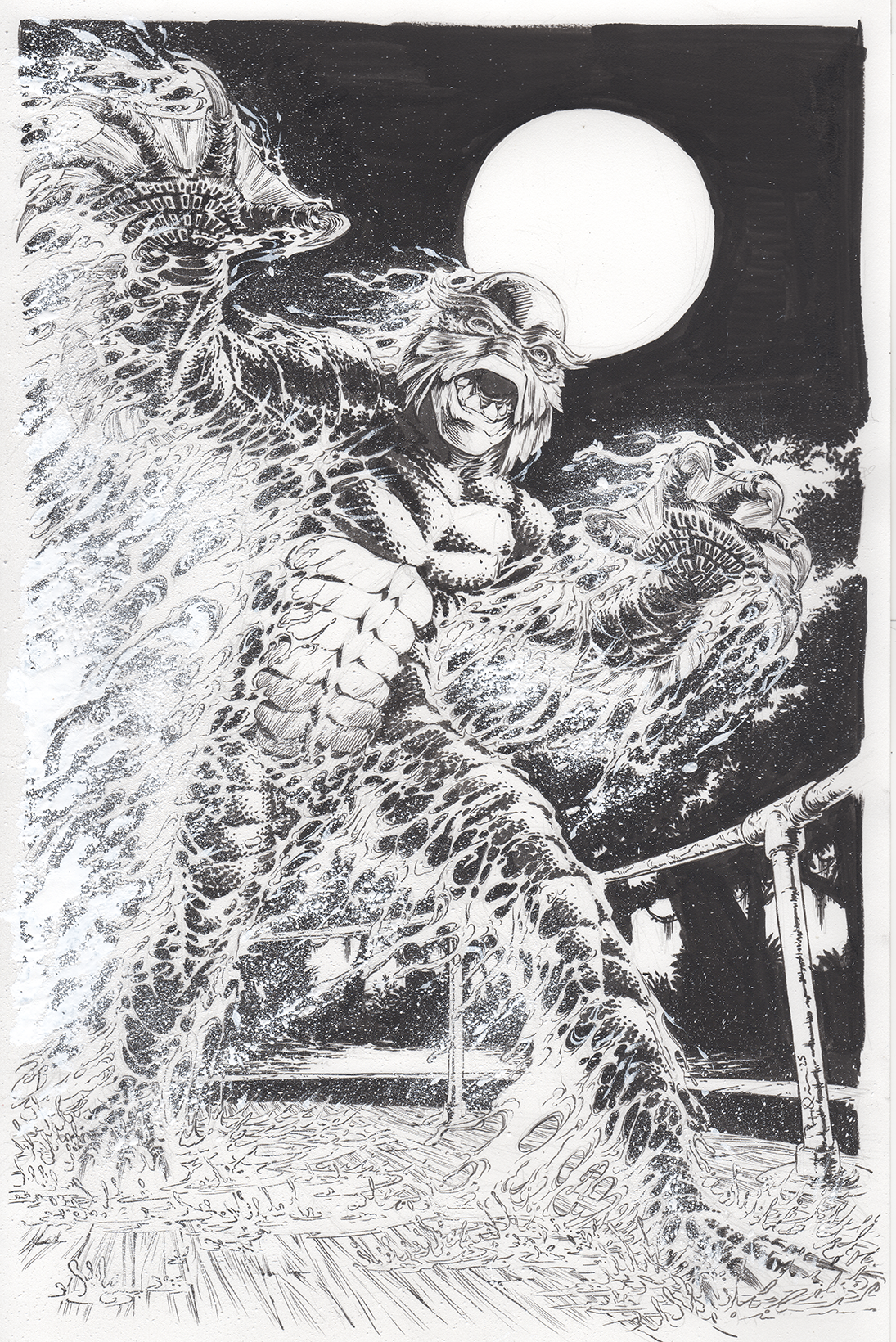 Black and white illustration of a fierce creature with features of a lion, dragon, and bird, standing on a platform under a full moon, with a dark night sky and stars in the background.