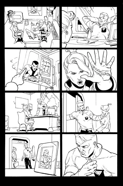 Black and white comic strip showing a woman with a short hairstyle, a man in a controlled demonstration, a person in a specialized suit with a device, a woman gesturing with her hand, and scenes of a hospital or research lab with computer screens and