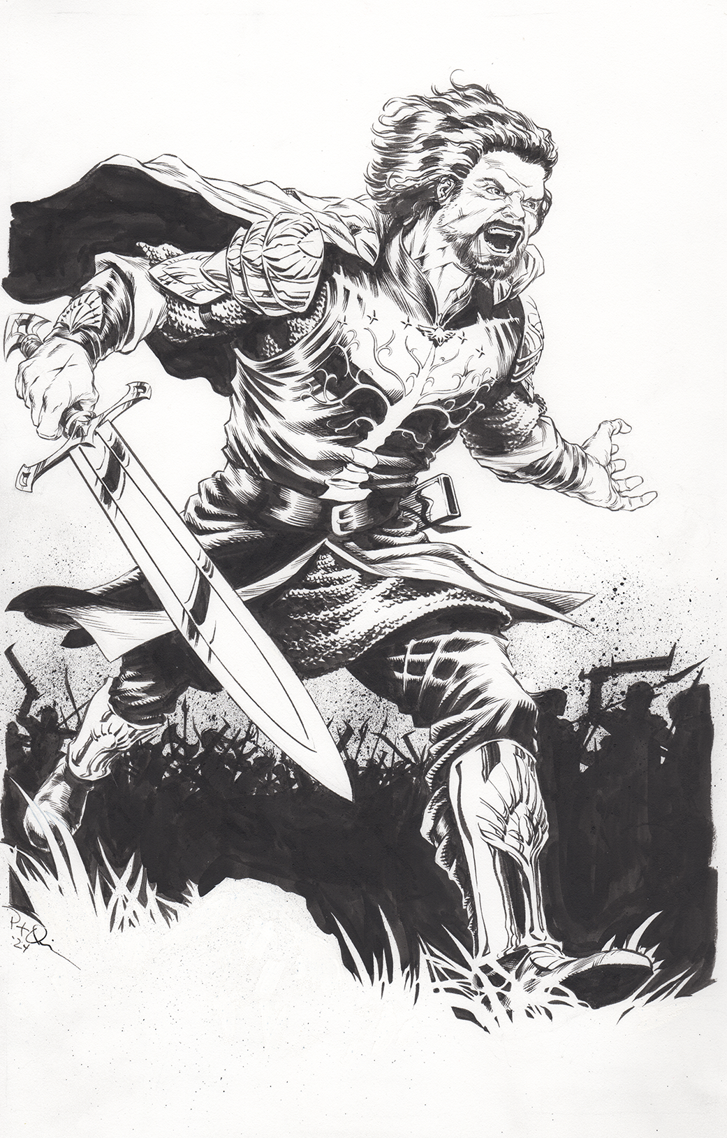 Black and white illustration of a fierce warrior with long hair and beard, dressed in armor, wielding a sword, and shouting passionately amid a battlefield with soldiers in the background.