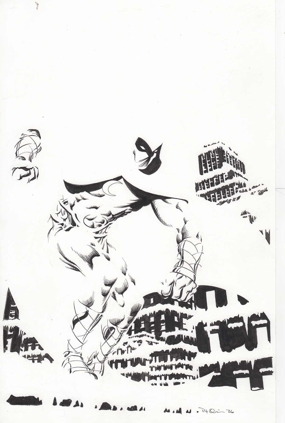 Black and white illustration of a muscular superhero, likely Spider-Man, in a dynamic pose with city skyscrapers in the background.