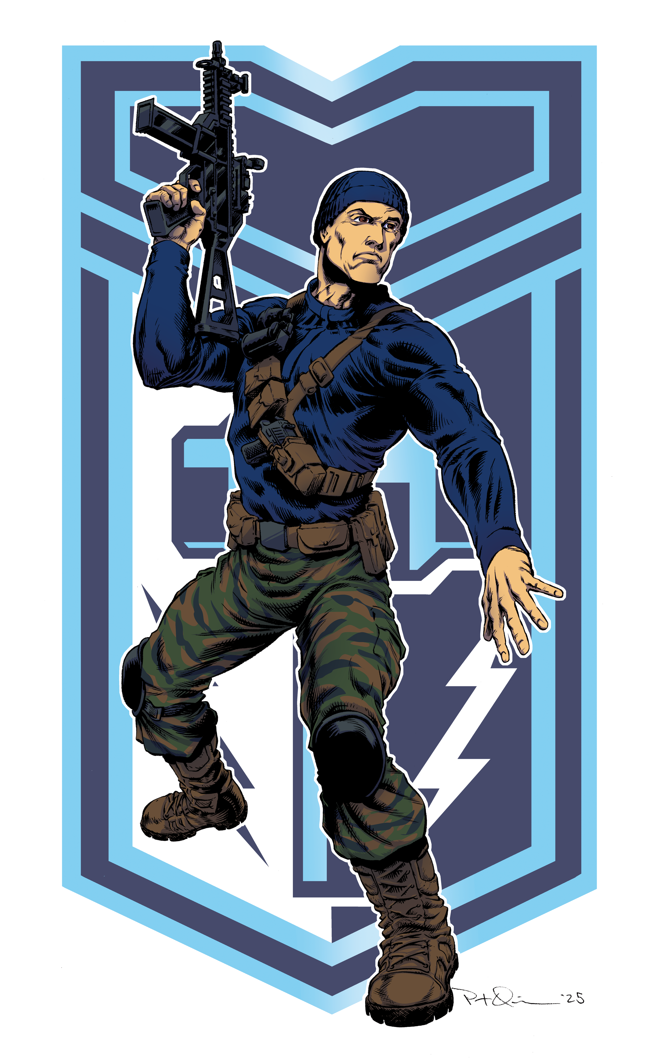 A comic-style illustration of a soldier in combat gear holding a rifle over his shoulder, standing in front of a stylized, futuristic shield with a lightning bolt and geometric patterns.