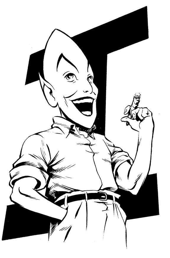 Black and white cartoon illustration of a cheerful woman with exaggerated features, wearing a rolled-up shirt and pants, with one hand on her waist and the other making a fist.