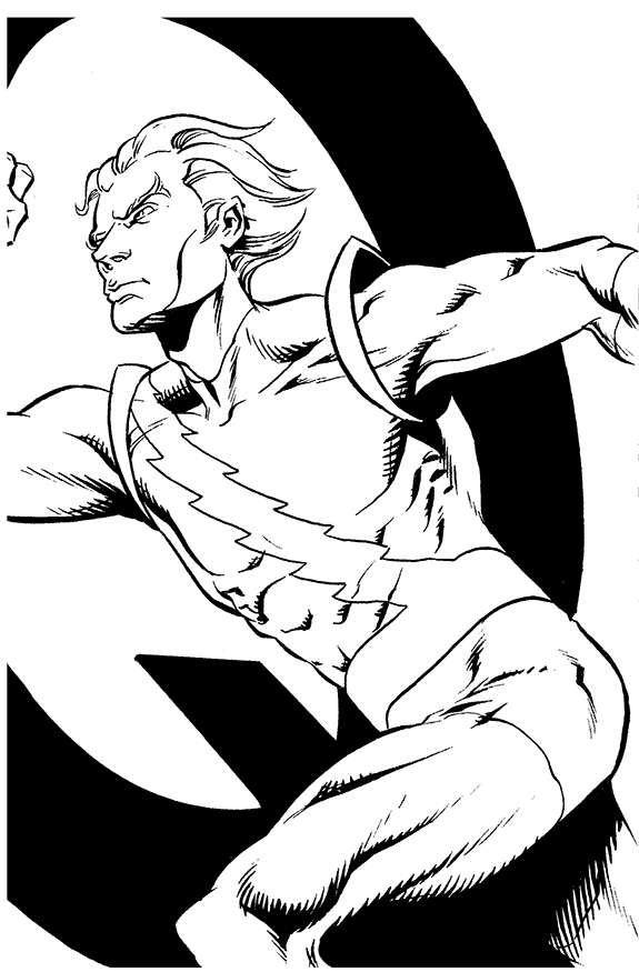 Black and white comic-style illustration of a muscular, fierce-looking elf with pointed ears and long hair, in a dynamic pose with arms extended in front of a circular background.