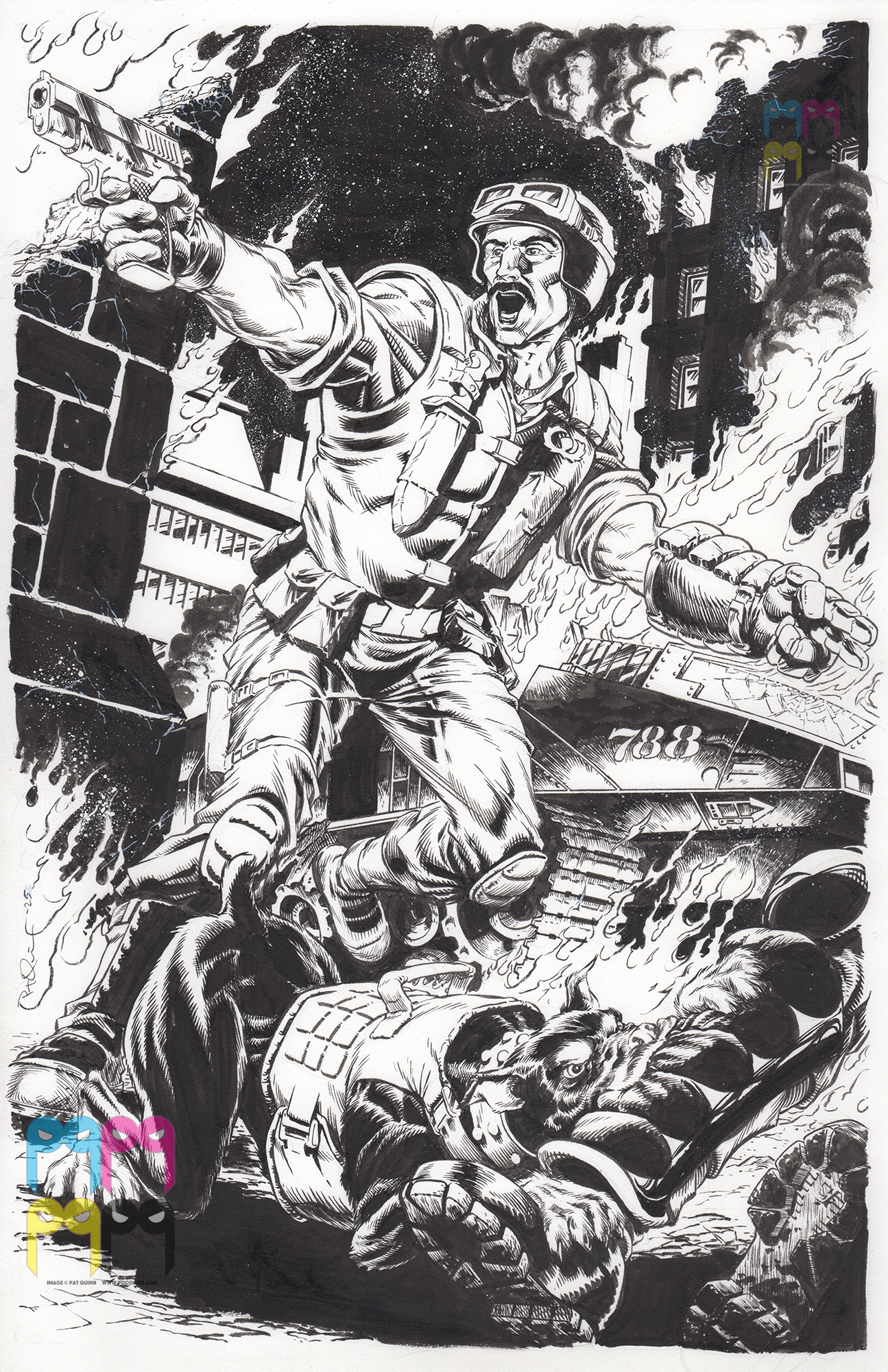 Black and white comic-style illustration of a soldier in combat, shouting and firing a gun, with buildings on fire in the background, and a lion in a cage on the ground in the foreground.
