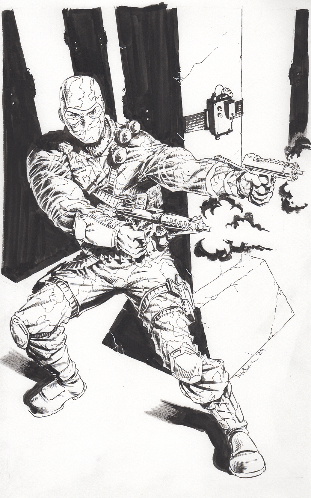 Black and white illustration of a soldier aiming a gun while crouching behind a crate, wearing tactical gear and a face mask, with an explosion or smoke nearby.