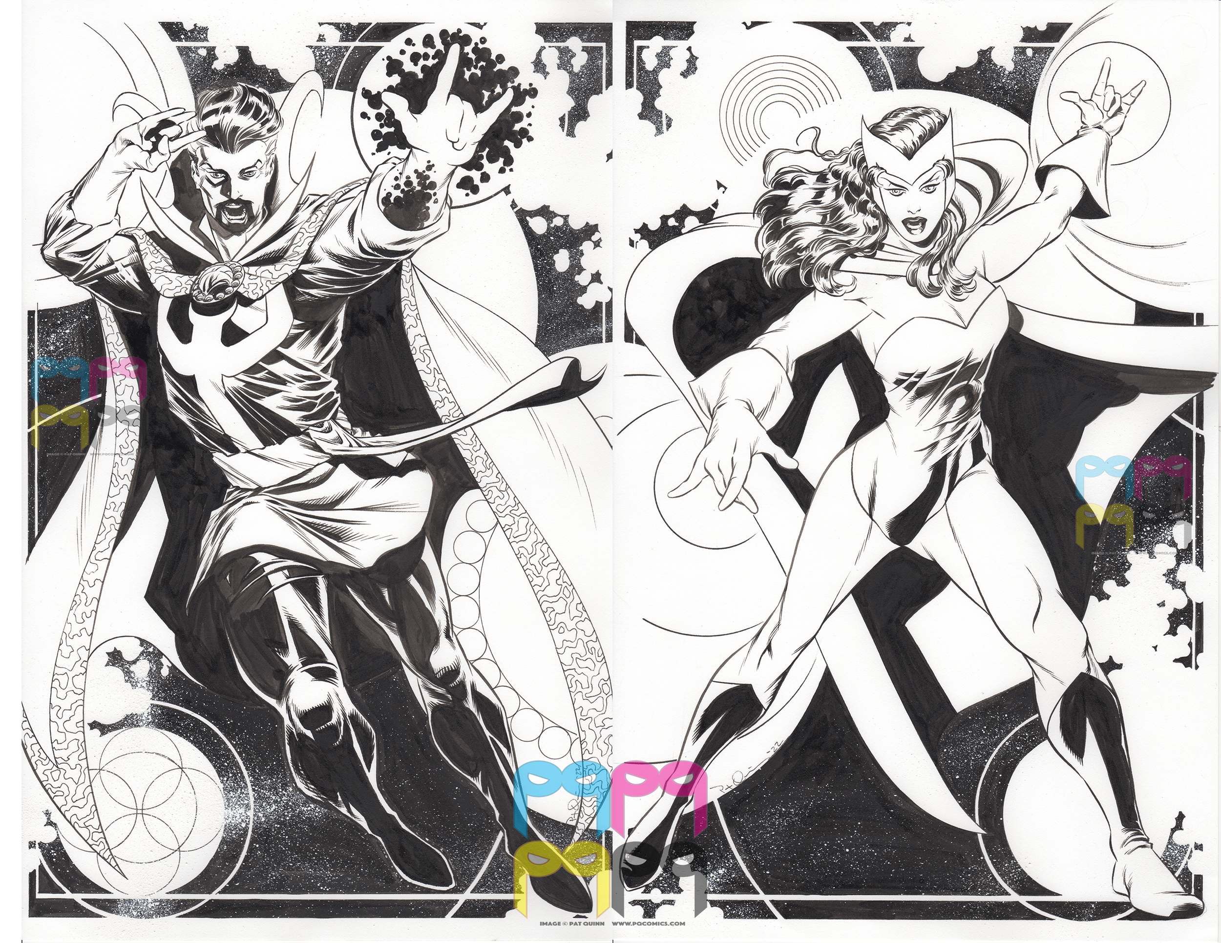 Black and white comic-style illustration of two characters, a male on the left and a female on the right, both striking dynamic poses. The male character is casting a spell or using magic with one hand, and the female character is making a hand gestu