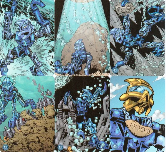 Collage of six comic-style illustrations of a blue robot exploring underwater and rocky environments, with one panel showing a large robot with a shark-like head. Lego Bionicle.