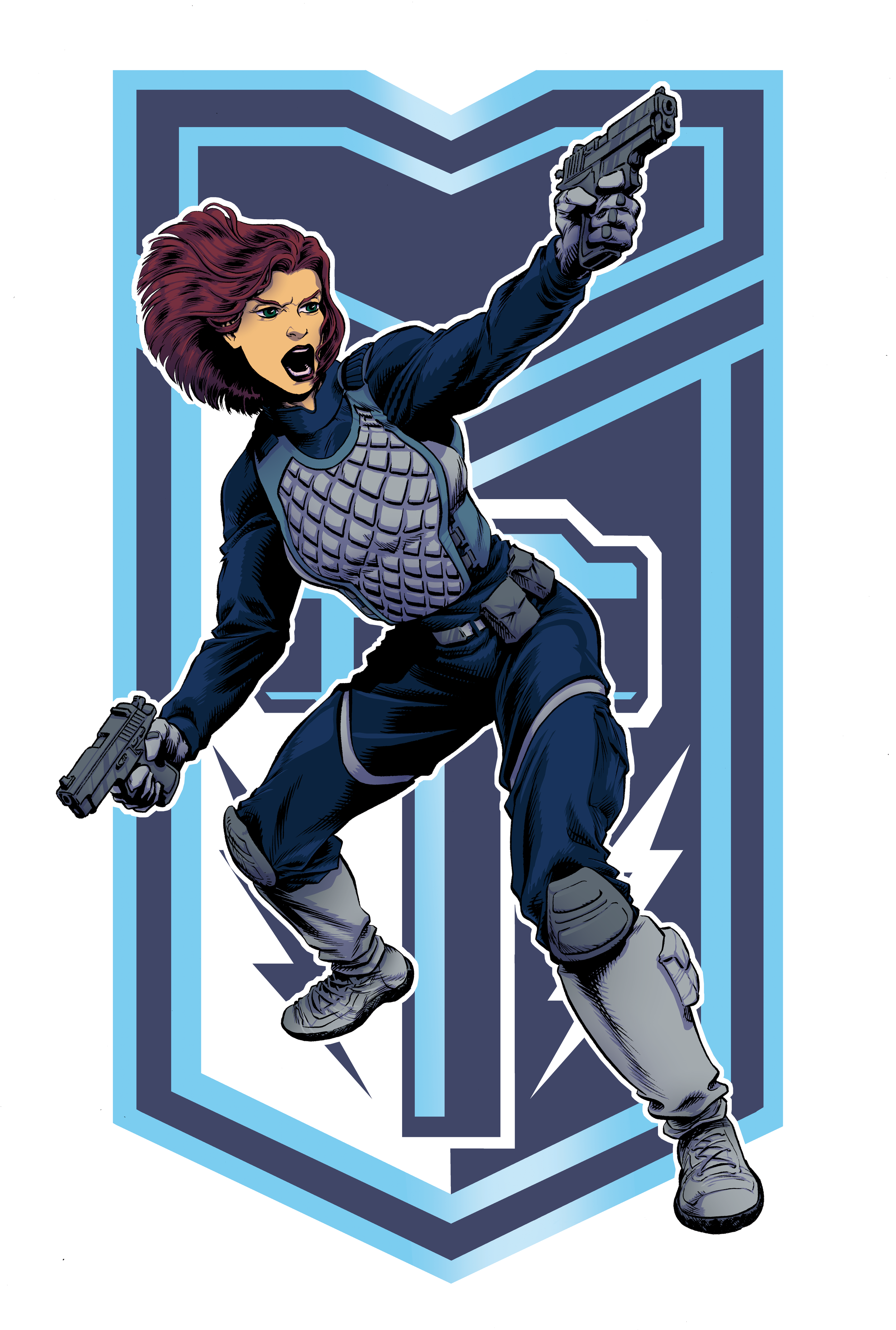Comic book style illustration of a woman with brown hair, wearing tactical gear, aiming a handgun with her right hand, and holding a pistol in her left hand, set against a tech-inspired background.