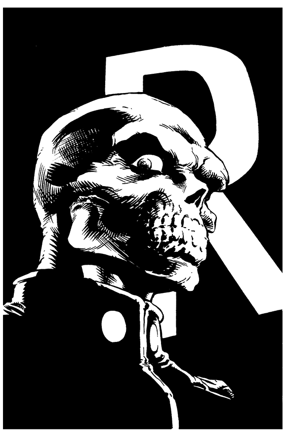 Black and white illustration of a skull with a human face, set against a dark background with a stylized letter R in the background.