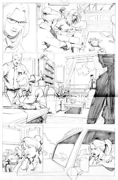 Black and white illustration of multiple scenes. The top left shows a woman with glasses talking on the phone. The top right depicts people sitting at a table with tea and snacks, and a woman serving them. The middle left features a man with glasses 