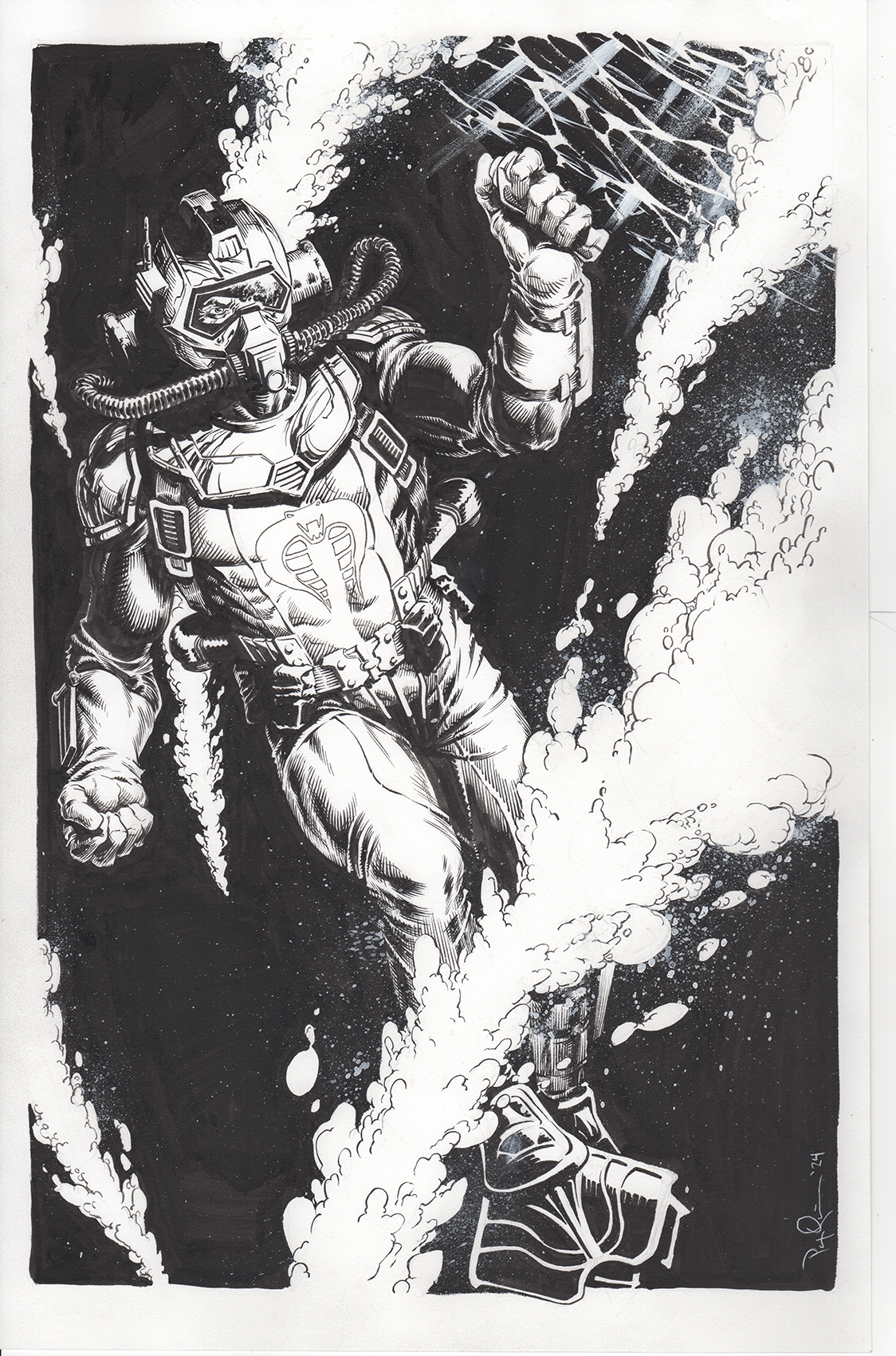Black and white illustration of a superhero with a snake emblem on his chest, wearing a helmet, in space surrounded by clouds and stars, with a clenched fist raised.