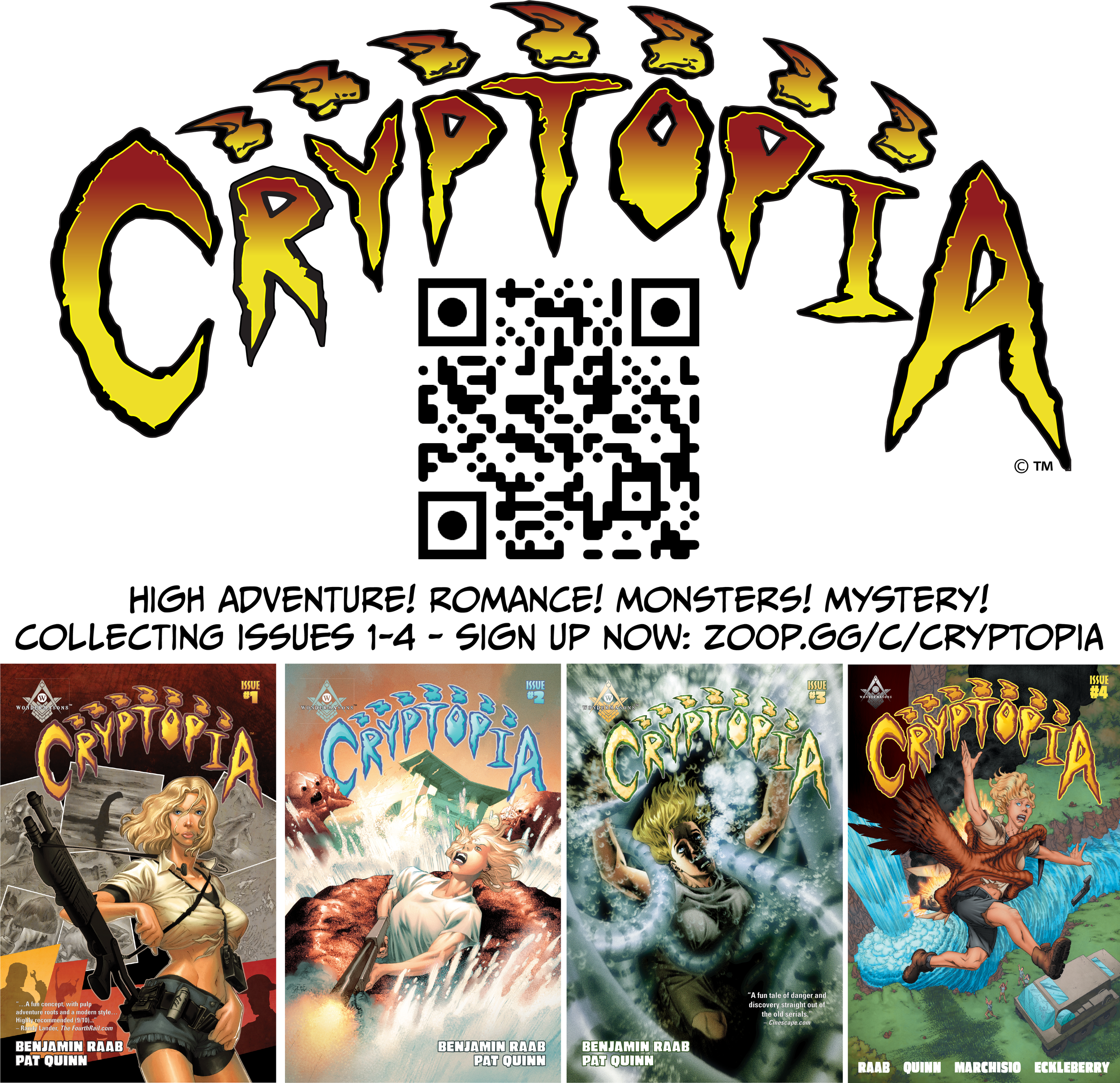 A collection of four comic book covers for 'Cryptopia,' featuring female characters, monsters, and action scenes, with a QR code and information about collectible issues 1-4.
