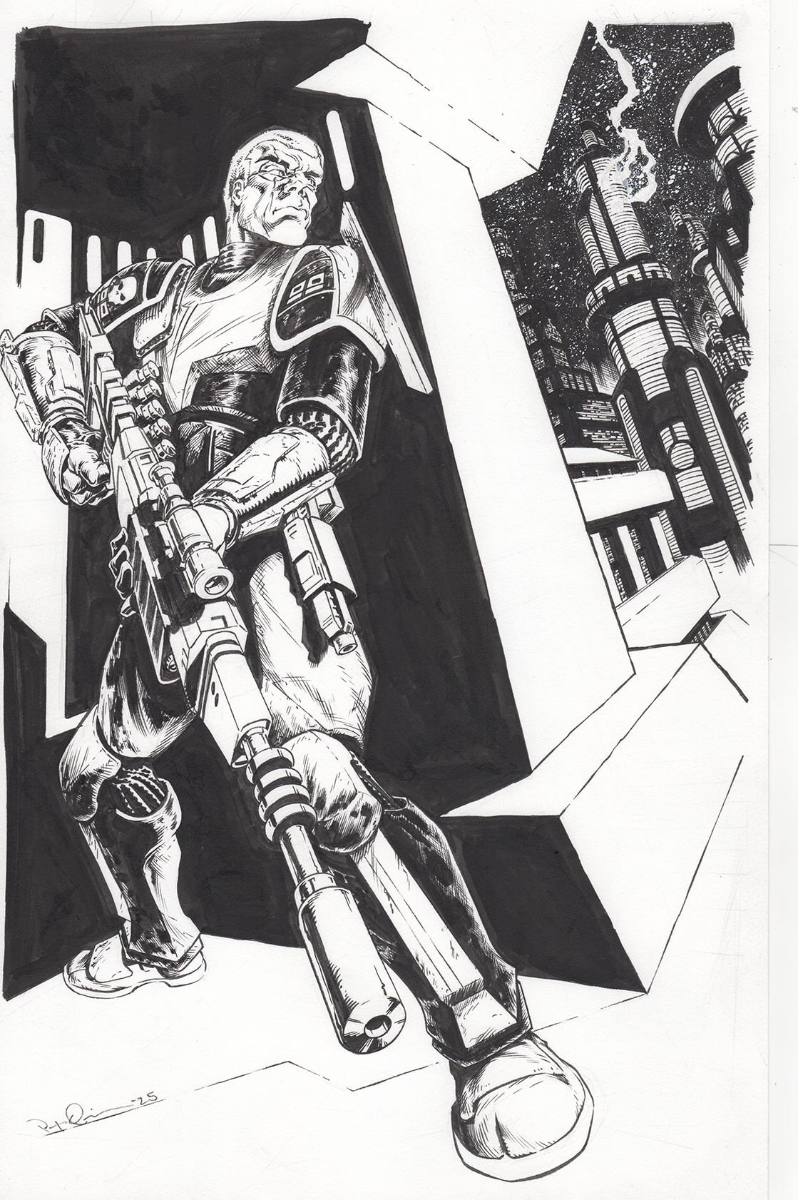 Black and white illustration of a heavily armored soldier holding a weapon, standing in an urban environment with towering futuristic buildings in the background.