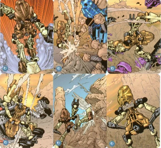 A collage of animated scenes featuring large robots in combat, shooting and exploding with rocky desert landscapes in the background.