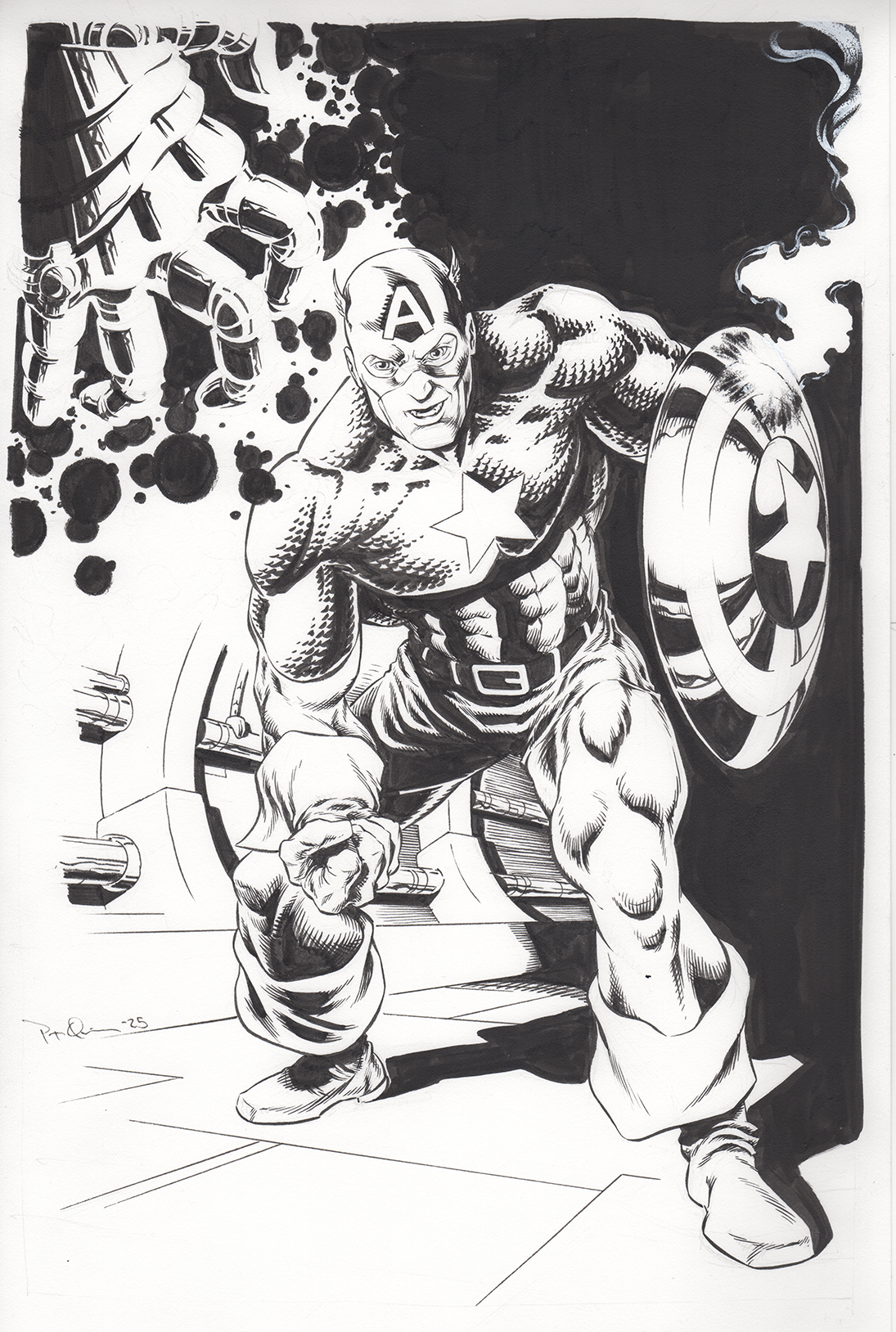 Black and white comic style illustration of Captain America in action, with a clenched fist and shield, in front of a spaceship interior with floating debris and smoke.
