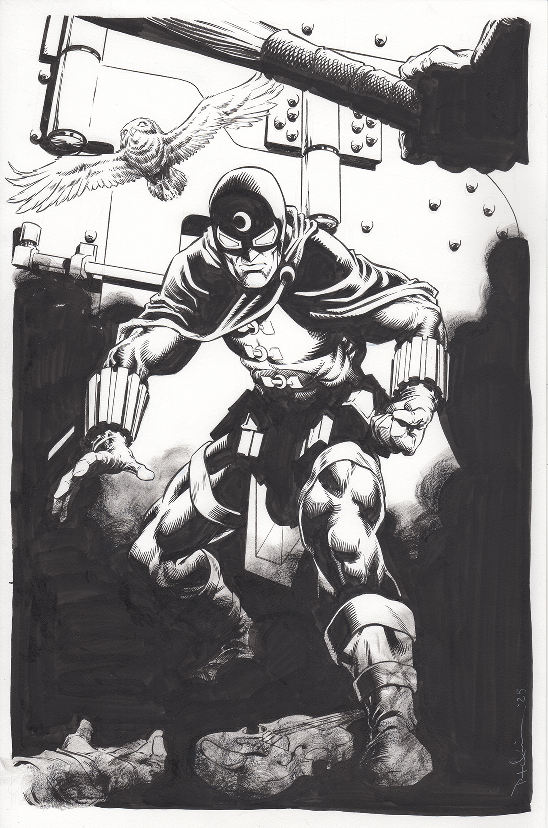 Black and white comic-style illustration of a muscular superhero in a mask and costume in a crouching, aggressive stance, with a bird flying above and machinery in the background.