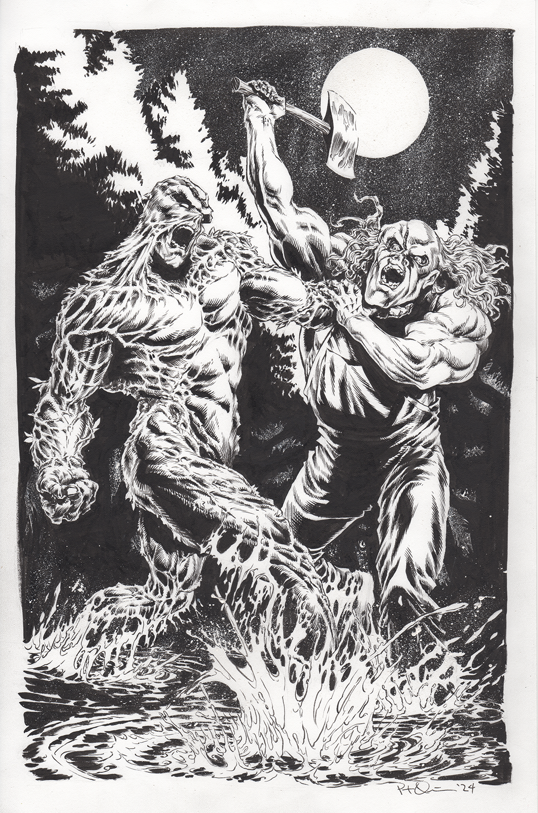 Black and white illustration of a mythological battle between a giant sea monster emerging from water and a muscular warrior smashing a large axe into its head under a full moon.