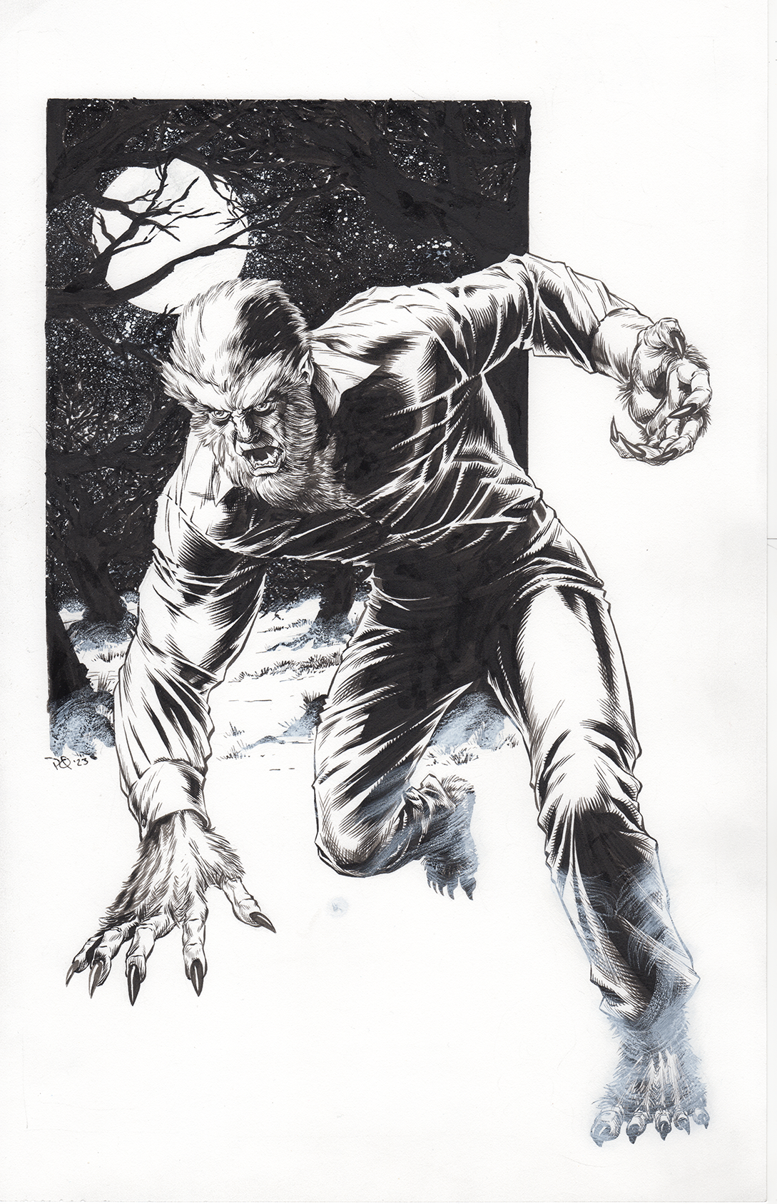 Black and white illustration of a werewolf with claws and sharp teeth, lunging forward on a forest background with a full moon.