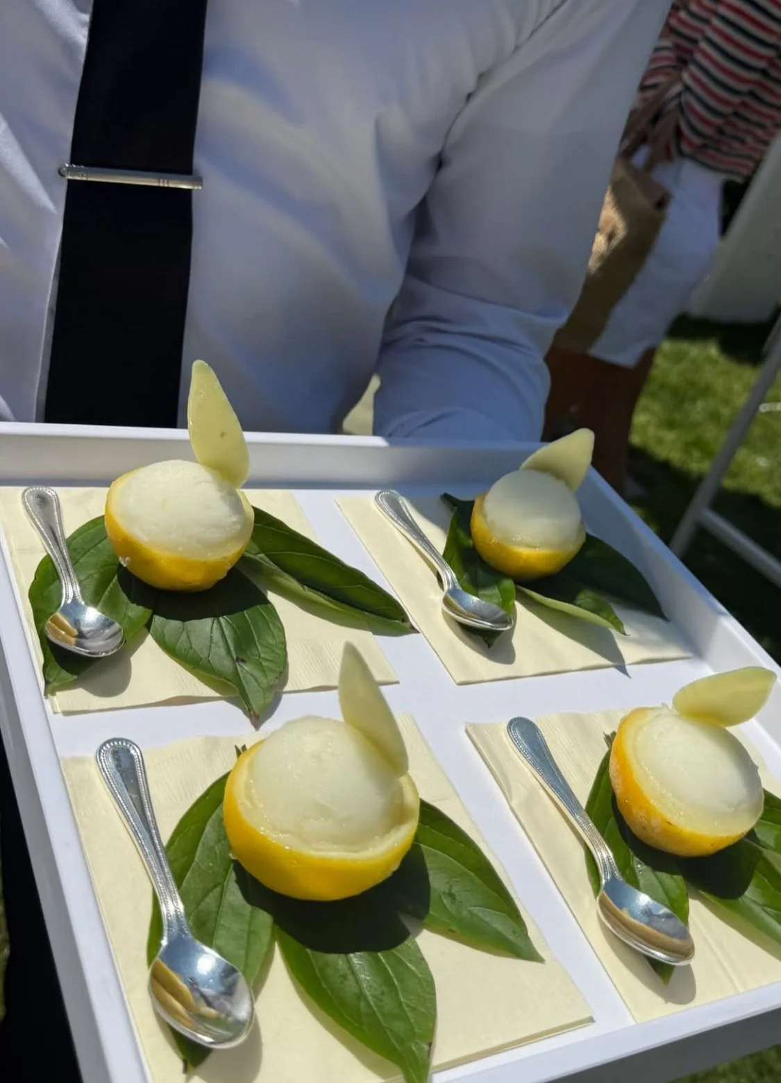 Gaspacho de citron présenté en portions individuelles avec des feuilles vertes, chaque portion accompagnée d'une petite cuillère, sur un plateau blanc.