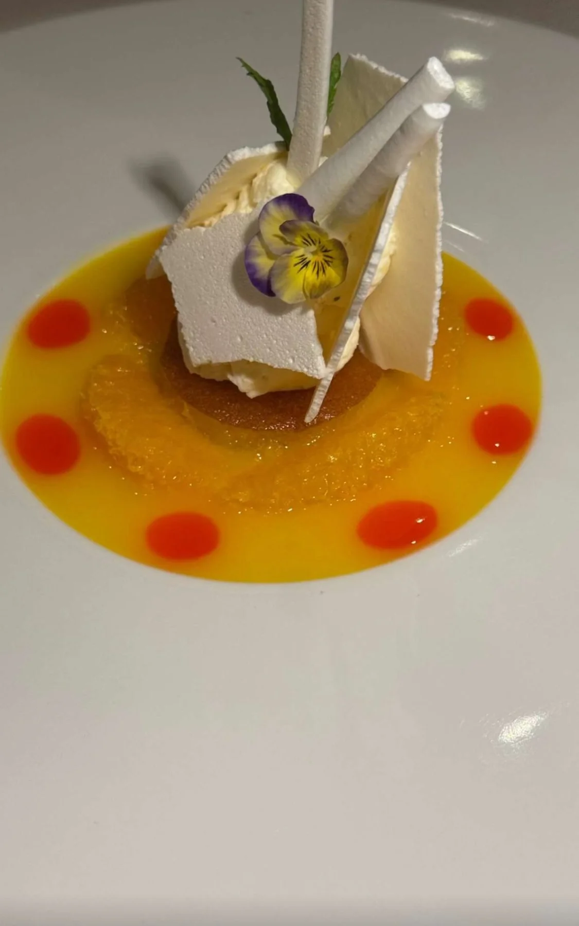 Dessert élégant avec des morceaux blancs, un edible violet-flower, et une présentation artistique avec de la crème, de la mousse, et une sauce orange avec des petits points rouges autour.