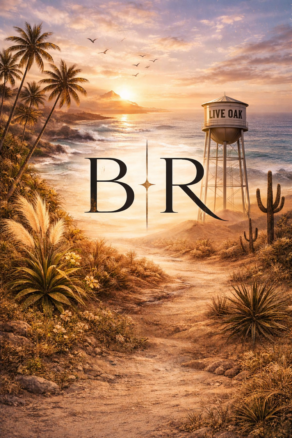 Sunset over a beach with palm trees and cacti, a dirt path leading towards the ocean, a water tower labeled 'LIVE OAK,' and the letters 'B R' in the foreground.