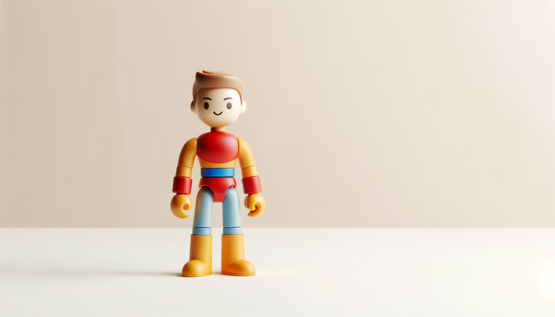 Colorful toy robot standing on a white surface against a beige background.