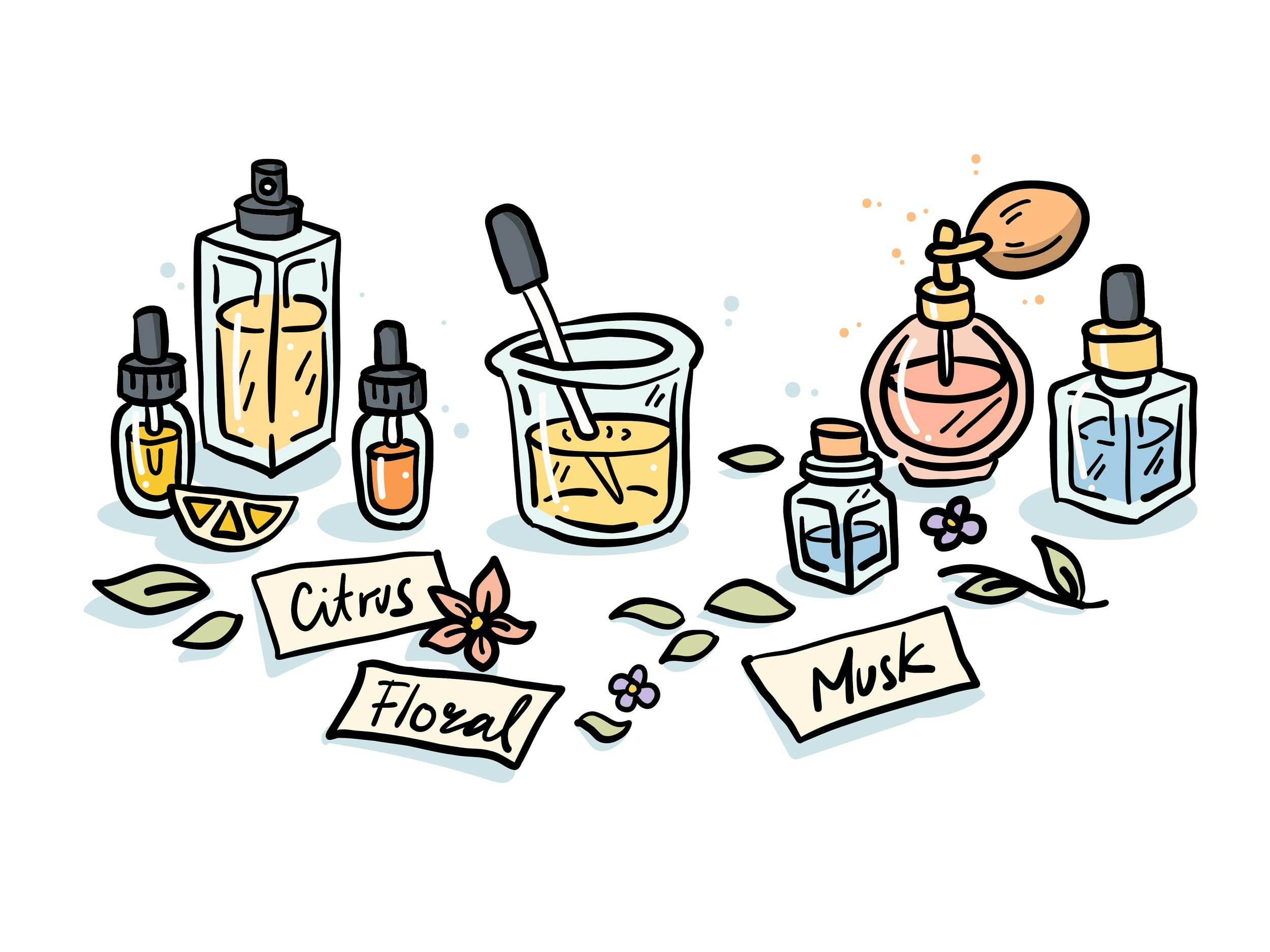 A collection of perfume bottles, containers, and labels with notes such as citruses, floral, musk, and others, surrounded by leaves and small flowers.