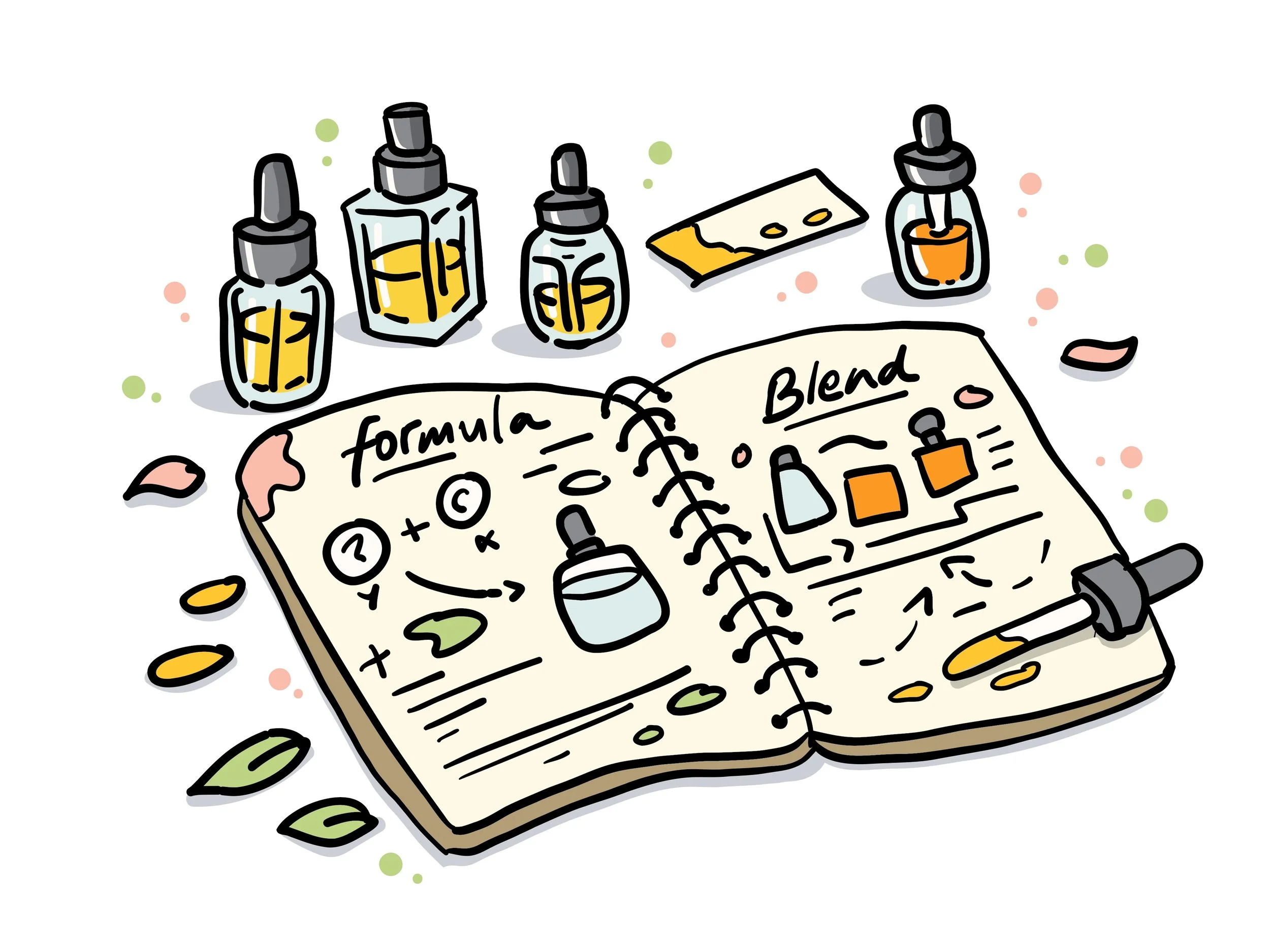 Illustration of a notebook with the words 'formula' and 'blend,' surrounded by bottles and drops of liquid.