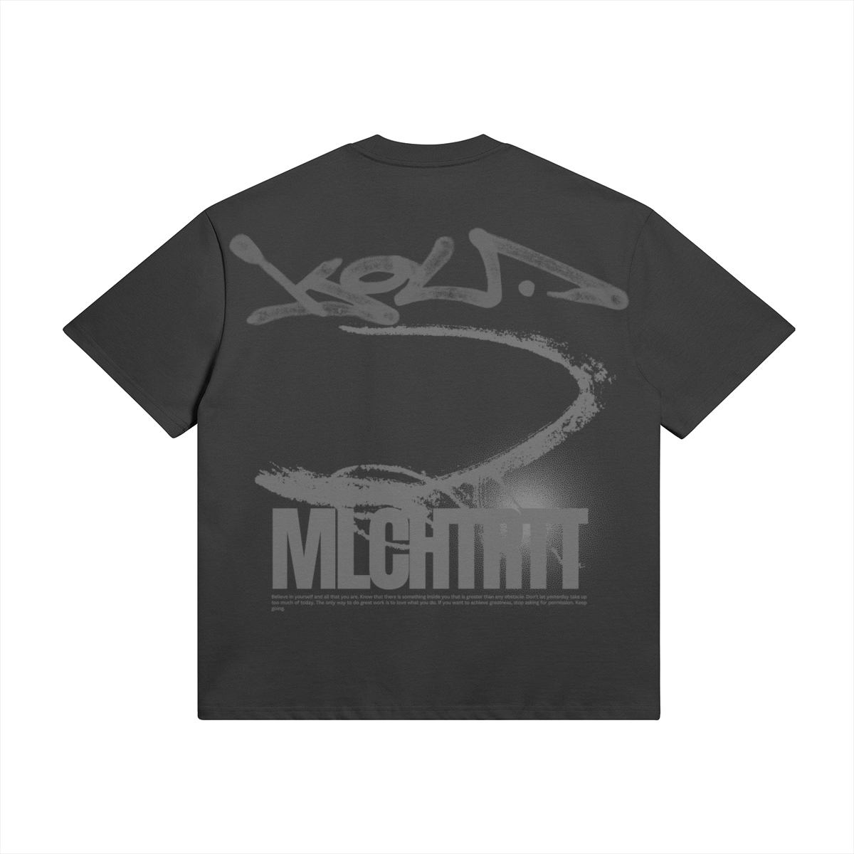 Schwarzes T-Shirt mit Graffiti-Design und Aufdruck 'MECHIMA' auf der Rückseite.