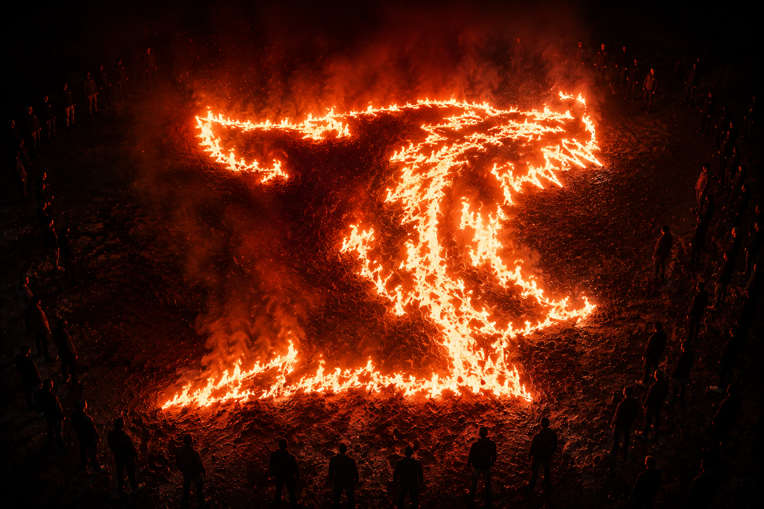 Menschen stehen im Kreis um ein großes Feuerbild in Form eines Adlers, das auf dem Boden brennt.