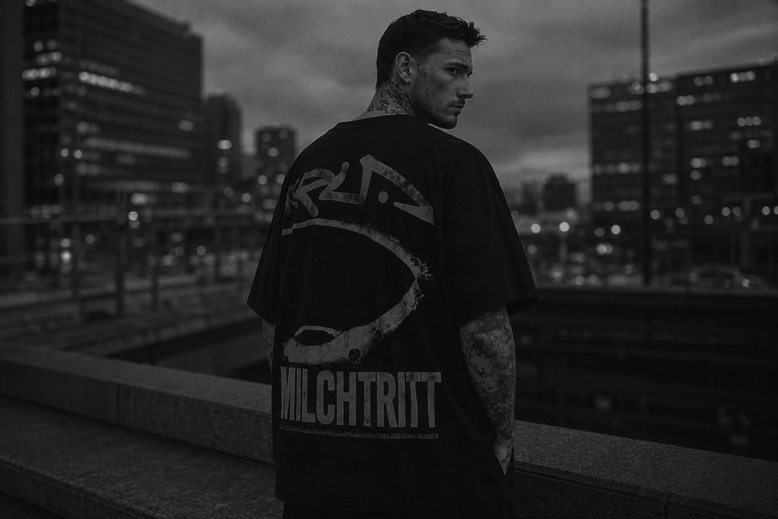 Junger Mann mit Tattoo an der Hals und Arm steht auf einer Brücke in einer Stadt bei Dämmerung, trägt ein schwarzes T-Shirt mit Schriftzug 'VILCHTRITT' und graffitiähnlichem Design auf der Rückseite, blickt über die Stadt.