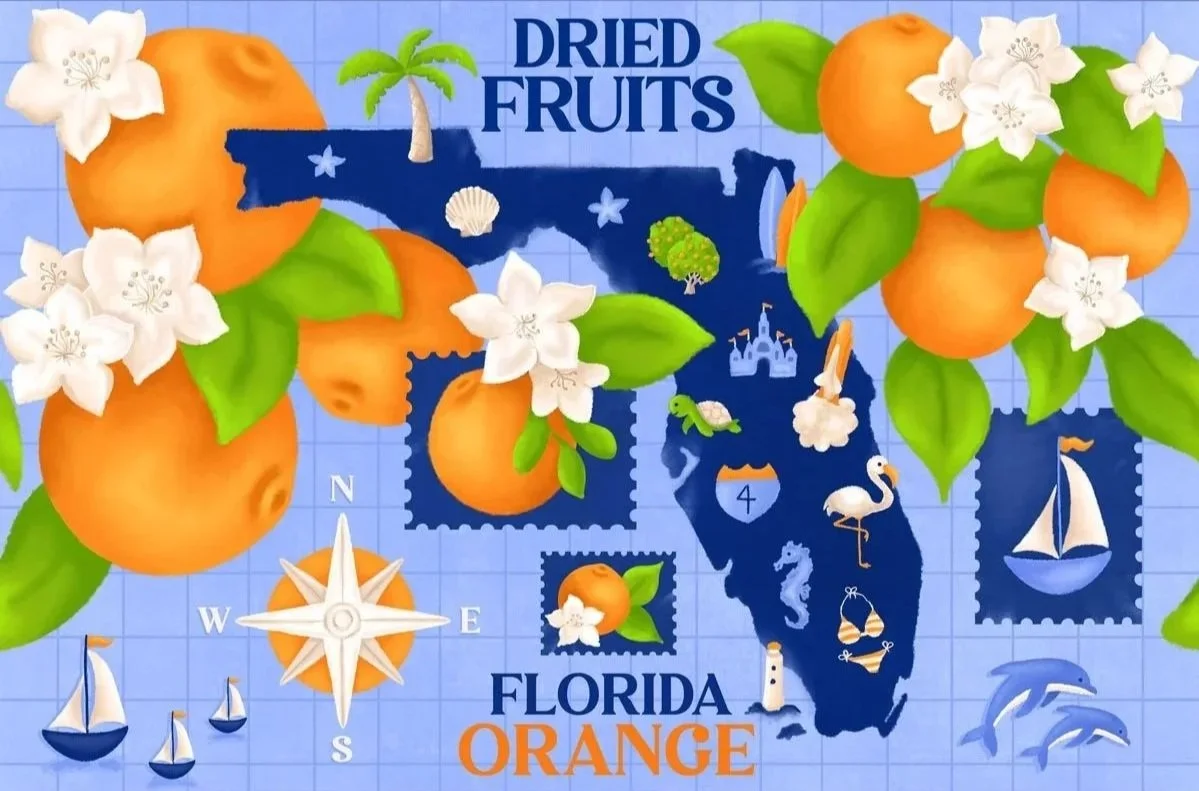 Illustrated Map of Florida. Oranges. Flowers. Stamps. Travel illustration. Map. Fruit cans. Surface design. Made by Sophia Joy Veit. 