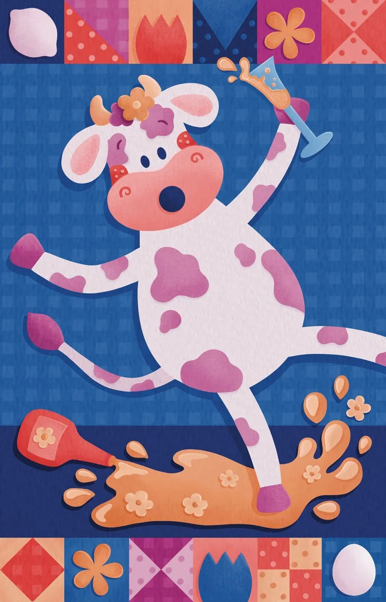 Illustrated recipe. Cowslip Wine. Cow Illustration. Barn quilt. Patterns. Made by Sophia Joy Veit. 