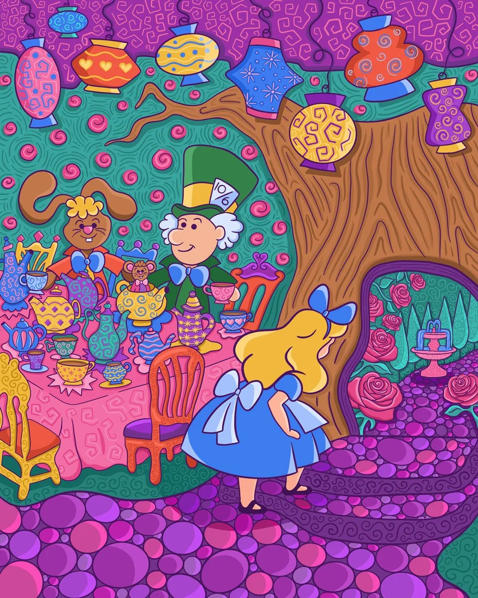 Alice in Wonderland. Alice's Adventure in Wonderland. Mad Tea Party. Alice leaving the Mad Tea Party with Mad Hatter, March Hare and Dormouse. Made by Sophia Joy Veit. 