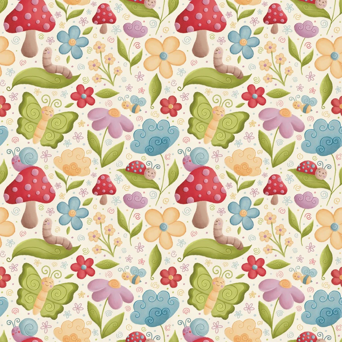 Repeating pattern. Digital repeating pattern of bugs. Bugs. Ladybug. Mushrooms. Snails. Flowers. Worm. Leaves. Bees. Made by Sophia Joy Veit. 