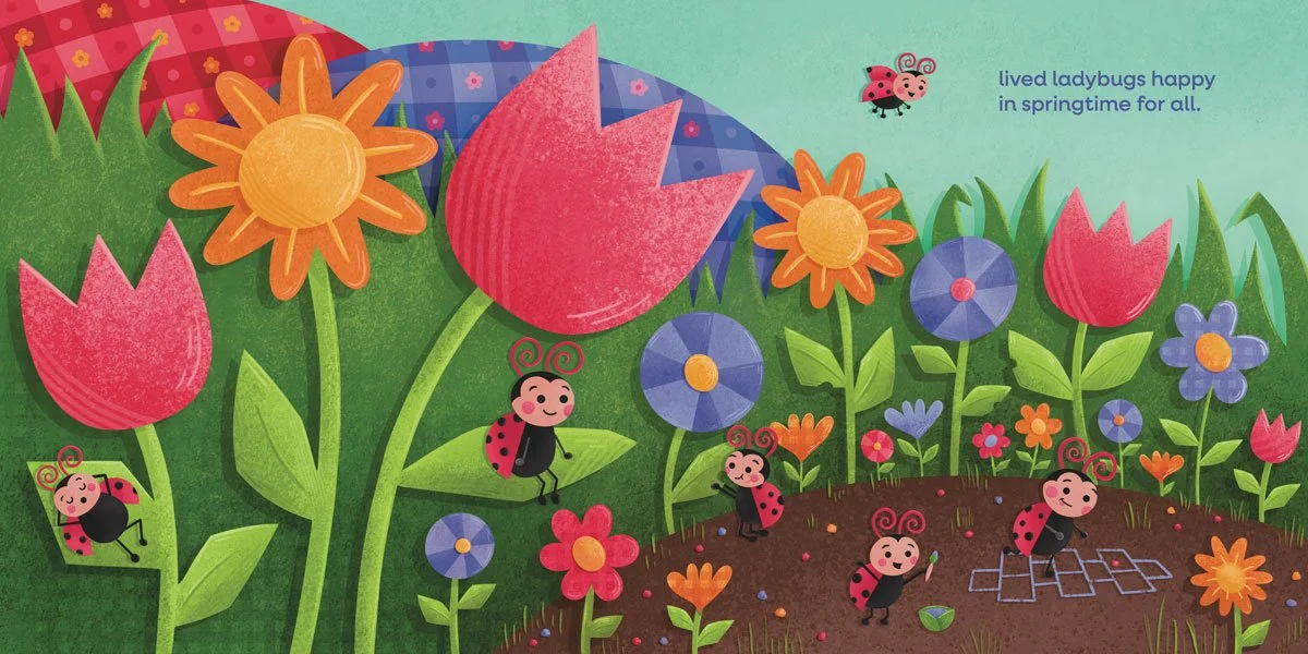 Children's book. Picture book. Text with Spread. Little ladybugs in a field of flowers and tulips. Holland. Made by Sophia Joy Veit. 