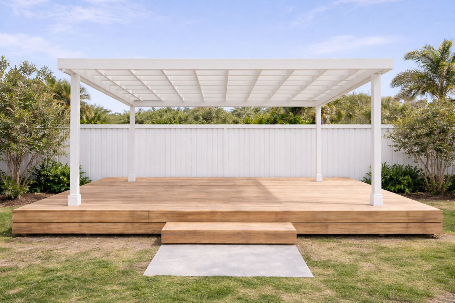 A wooden deck with a covered pergola in a backyard, with a white fence and green bushes.