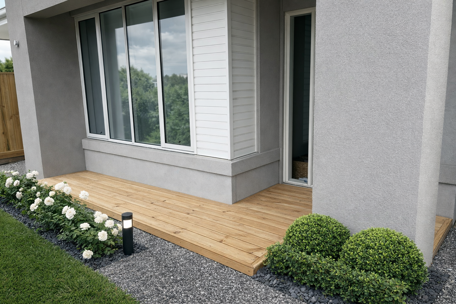 Small wooden porch with flower bed containing white flowers, green bushes, and a black outdoor light fixture, attached to a modern house with large sliding glass doors and textured gray walls.