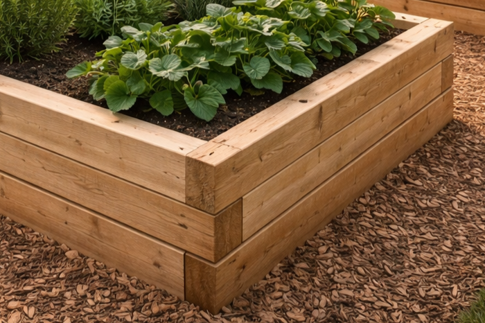 A wooden raised garden bed with green leafy plants growing inside, situated on a bed of wood mulch.