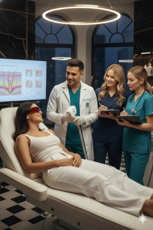 Medical professionals consulting with a female patient wearing protective glasses in a modern medical office.