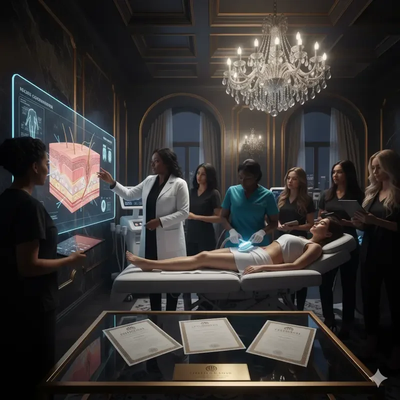 Medical professionals and students gathered around a patient lying on a treatment bed in a luxurious room with a chandelier, listening to a doctor explaining a digital 3D model of skin layers and anatomy.