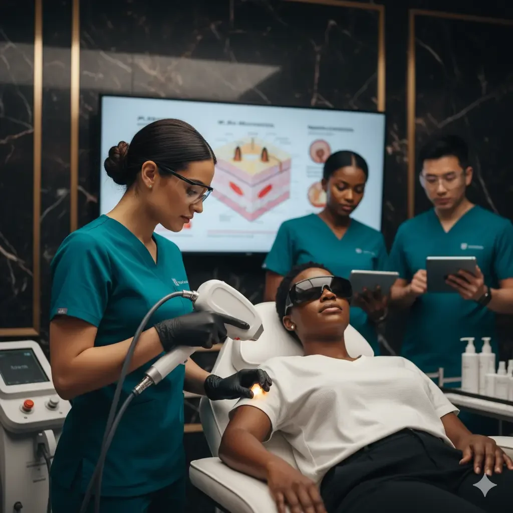 A woman in a medical clinic undergoes a laser treatment on her arm while wearing protective glasses, with three medical professionals observing in the background.
