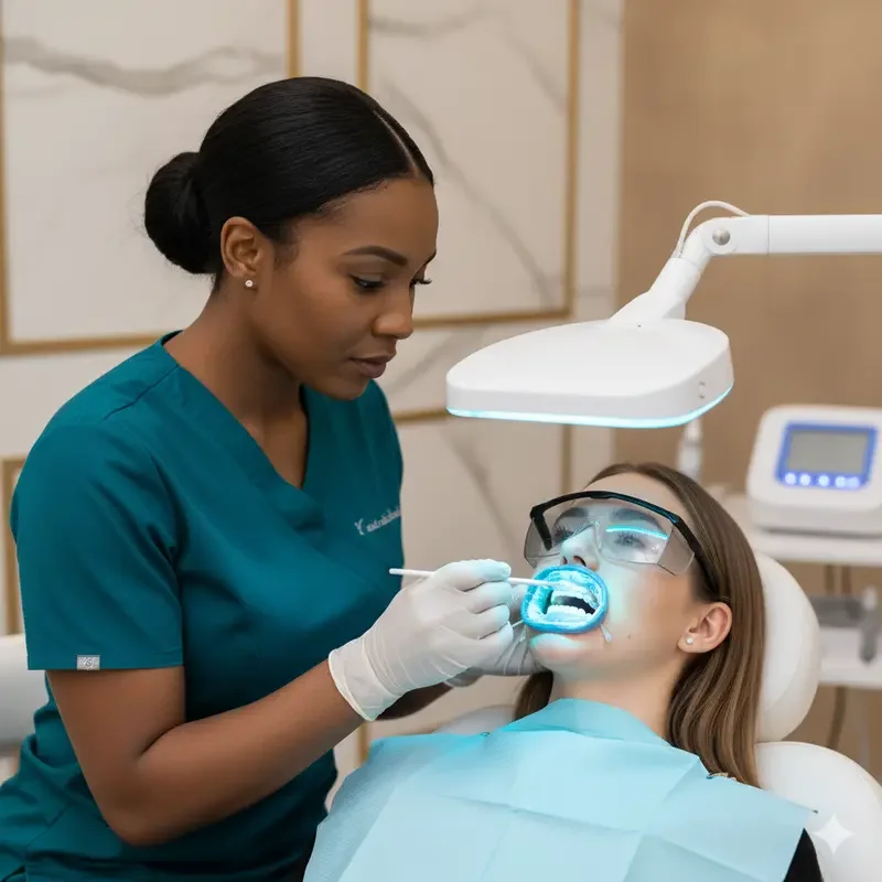 Dentist in teal scrubs examining a patient's teeth under a dental curing light in a modern clinic.