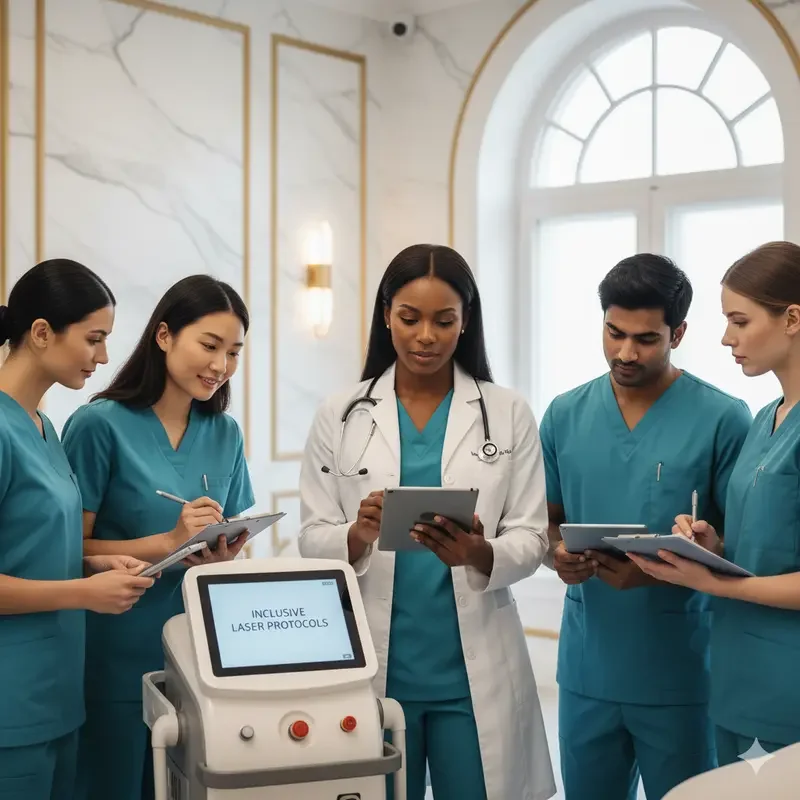 Group of healthcare professionals, including a female doctor with a stethoscope, reviewing documents and training on laser protocols, in a bright room with large arched window.